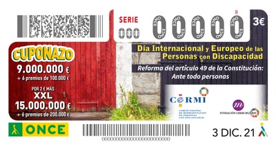 Cupón de la ONCE del 3 de diciembre dedicado a la reforma del artículo 49 de la Constitución
