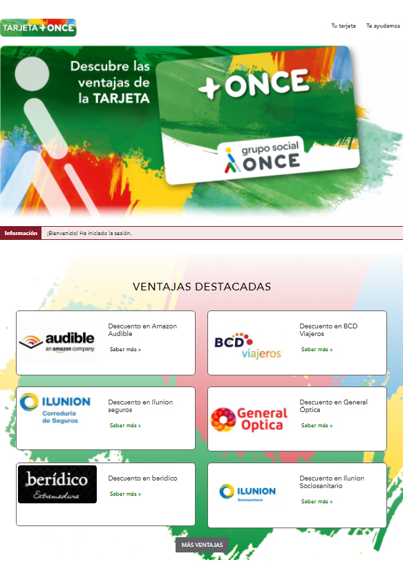 Pantallazo del site de la Tarjeta  + ONCE
