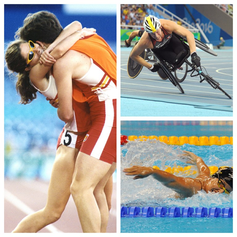 Collage de fotos de Regueros: Puri Santamarta en estrecho abrazo con su guía deportivo, carrera en silla de ruedas en los JJPP de Río 2016 (foto ganadora Premio Nikon) y Teresa Perales, nadadora premio Princesa de Asturias de los Deportes