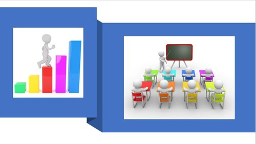Gráfica de una persona subiendo gracias al curso de formación, representado a la derecha