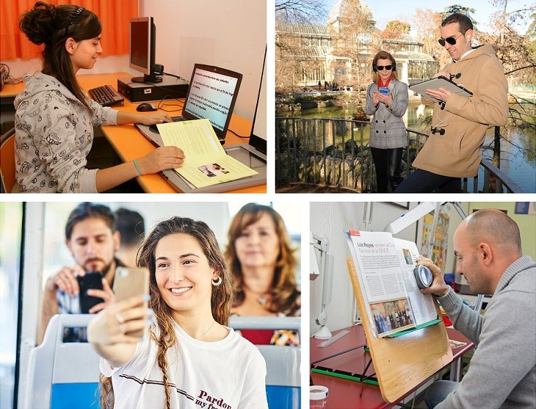 Collage de imágenes de personas con baja visión afiliadas a la ONCE realizando diversas actividades, con ayudas técnicas y tecnología adaptada