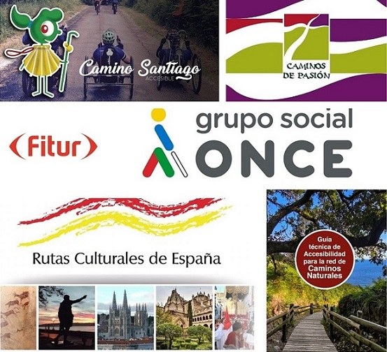 Collage de logos y portadas de los distintos  proyectos de  Fundación ONCE e Ilunion presentados en FITUR