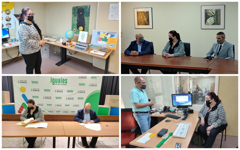 Collage con varios momentos de la firma y visita de la consejera de Educación