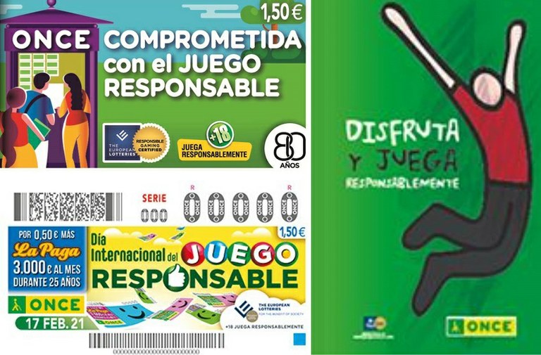 Imágenes de carteles y cupones sobre Juego Responsable de la ONCE