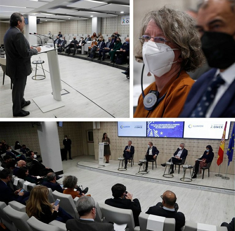 La vicepresidenta a la derecha junto a Pedreño, durante el discurso de Carballeda en Torre Ilunion. Abajo, mesa sobre economía social celebrada en la misma sede.