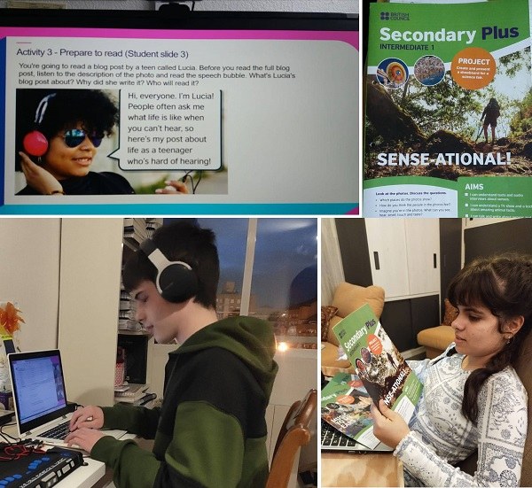 Collage de imágenes con el material del British para las clases. Abajo, Javier Muñoz y Raquel Ramos en sus puestos de estudio