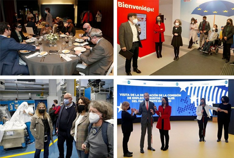 Collage de imágenes: cena a ciegas, visita  a la lavandería de Ilunion, encuentro en la sede de Por Talento Digital y presentación a la comisión del sistema Dactyls, que estuvo a cargo de Javier García Pajares y Raquel Alba, ambas personas sordociegas.