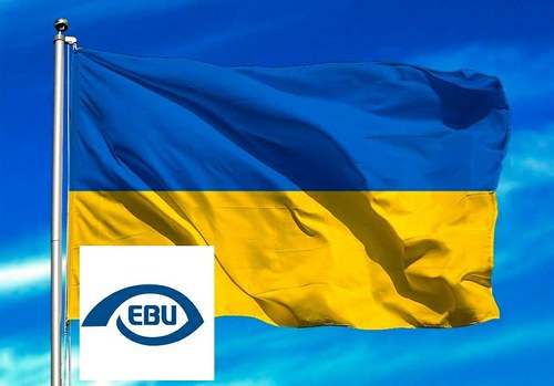 Logo de la EBU con la bandera de Ucrania como fondo
