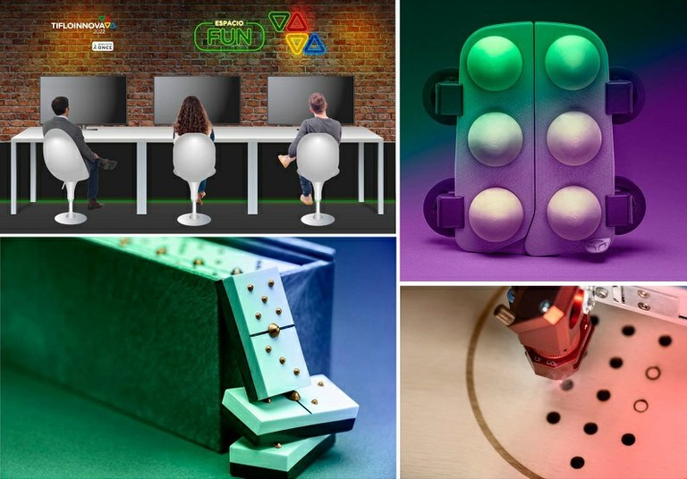 Collage de imágenes de juegos adaptados y foto de la última edición presencial de la feria