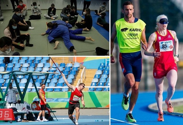 A la izda. la triatleta y campeona paralímpica Susana Rodríguez. A la derecha, arriba, practicas de Judo en las jornadas del Puente del Deporte. Abajo, el lanzador de jabalina afiliado Héctor Cabrera, de la FEDC.