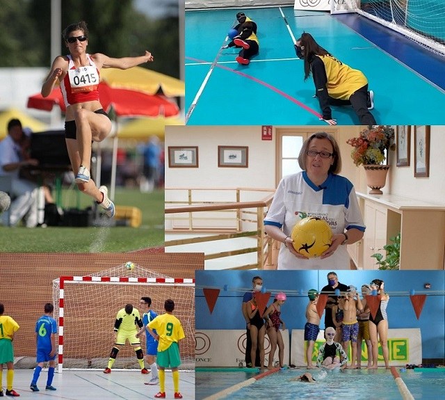Imelda Fernández con un balón en el centro del collage, rodeada de imágenes de jóvenes y niños practicando diversos deportes adaptados a las personas ciegas