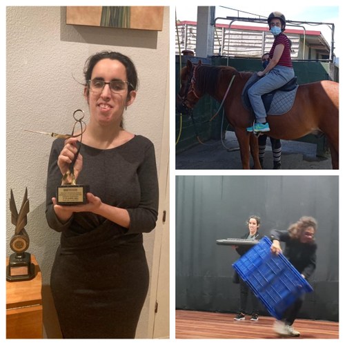 Collage: Corina Alfonso Mañá muestra trofeos de esgrima y atletismo, monta a caballo y hace teatro 