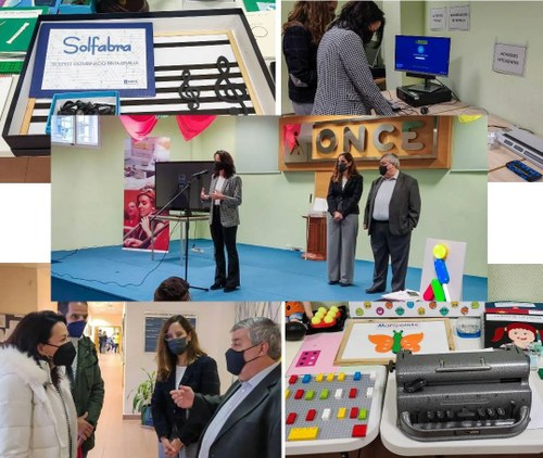 Collage de imágenes con distintos momentos de la inauguración de las jornadas con las autoridades de ONCE y de la Consejería, además de diversos materiales empleados en los talleres