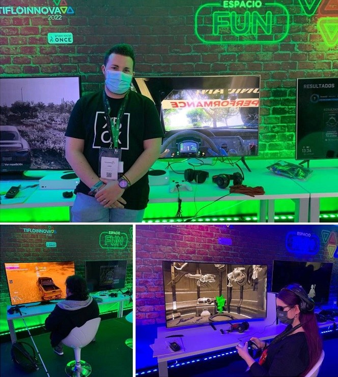Arriba, Dani demostrador del espacio FUN de la feria  para Microsoft y XBox. Abajo, personas ciegas jugando con videojuegos accesibles