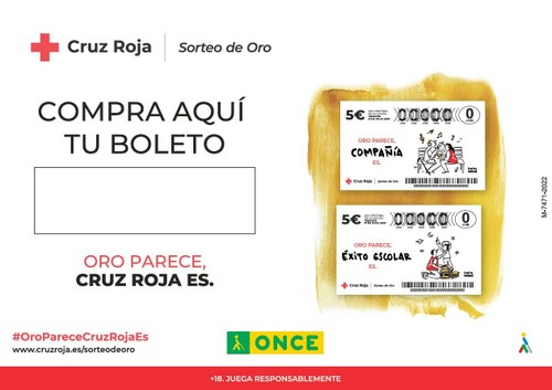 Cartel de “Compra aquí tu boleto”” que integra dos boletos de Cruz Roja con diferentes mensajes