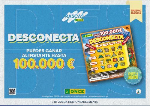 Cartel horizontal con boleto del Rasca Desconecta en el interior
