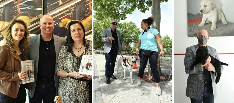 Distintos momentos de la presentación del libro y de la visita a la Escuela de Perros-Guía de la ONCE