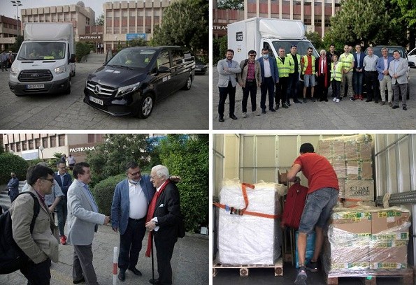 Collage de imágenes con los dos camiones y el recibimiento de los responsables del Grupo Social ONCE al padre Ángel