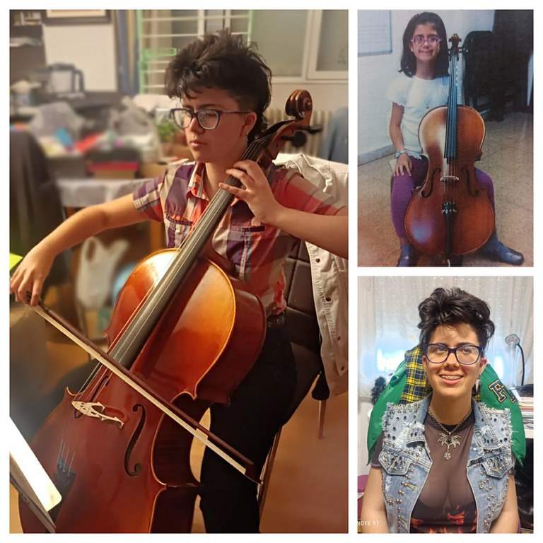 Collage de tres fotografías de Nevenka García tocando el violonchelo (de niña y en la actualidad) y otra en medio plano