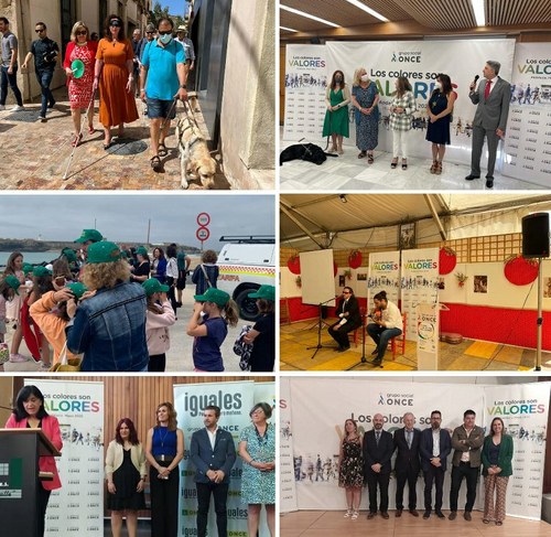 Collage de imágenes de la inauguración de la semana de la ONCE en Almería, Cádiz, Córdoba, Gibralltar, Jaén y Málaga