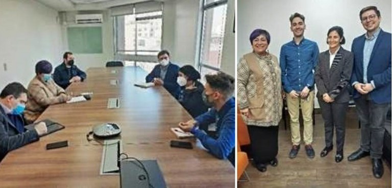 Imágenes de la reunion, con Estefanía Mirpuri y Carlos Quirós junto a los responsables del SENCE y de la subsecretaría de empleo chilena