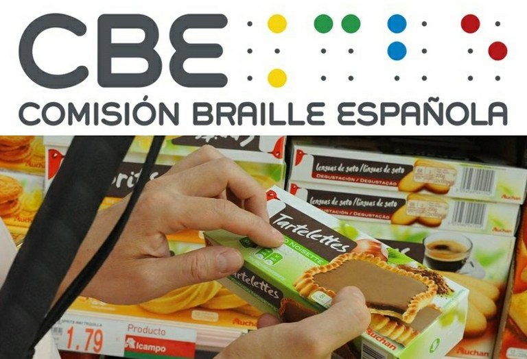 Logo de la CBE y primer plano de unas manos tocando un producyo Auchán etiquetado en braille