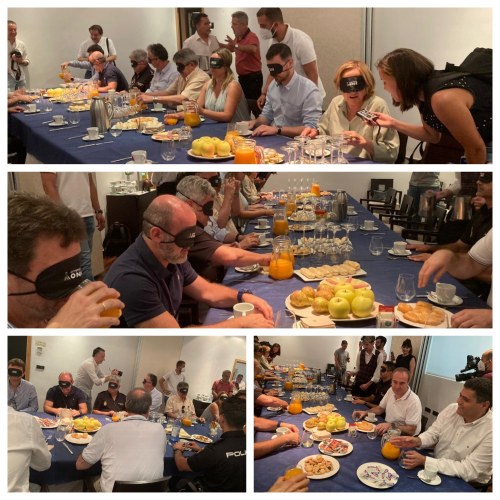 Collage con varios momentos del desayuno a ciegas