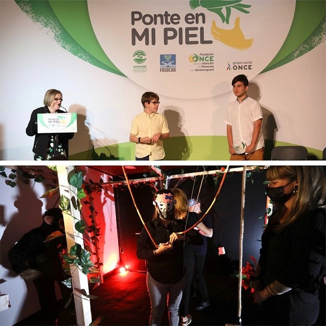 Imelda Fernández junto a Martín y Abel, arriba. Abajo, una persona con sordoceguera realiza el escape room inclusivo