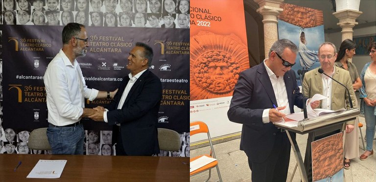 A la izda. en Alcántara y a la derecha firma en Mérida