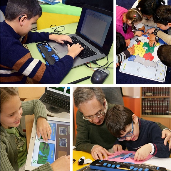 Alumnos con discapacidad visual utiliznado materiales académicos adaptados