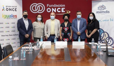 Foto de familia de los responsables de Fundación ONCE, CERMI  y  ASEMDIS en la presentación del congreso el pasado mes de julio