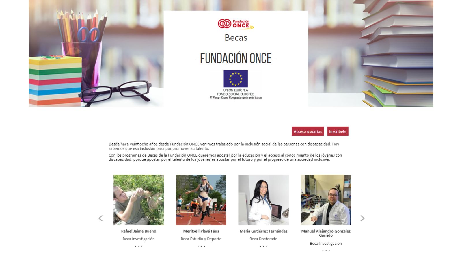 Pantallazo de la web de becas de Fundación ONCE