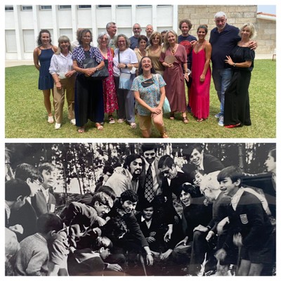 Pasado y presente en dos imágenes, con grupo de compañeros del colegio de la ONCE en Pontevedra