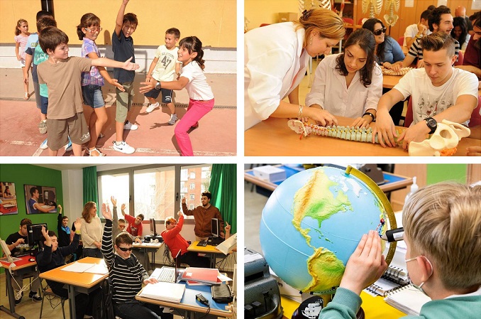 Collage de imáges de escolares con discapacidad visual en sus centros educativos