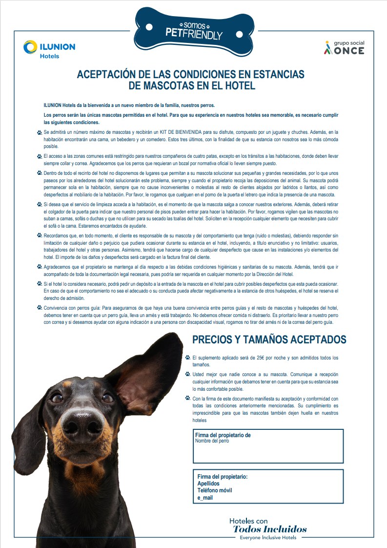 Pliego de condiciones de los hoteles Ilunion Pet Friendly
