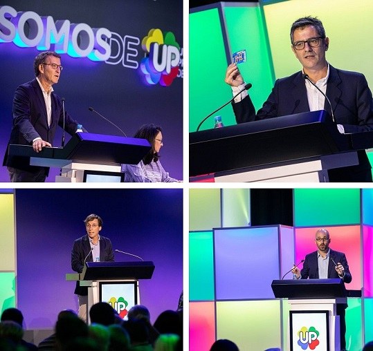 Arriba, momento de la intervención de Feijoó y Bolaños. Abajo Almeida y Nacho Álvarez