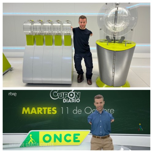 Collage: Enrique García posa en la sala de bombos de Sorteos de la ONCE y la imagen de la emisión del día