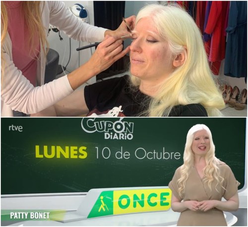 Collage: Patty Bonet en sesión de maquillaje y peluquería e imagen de la emisión de Sorteos de la ONCE