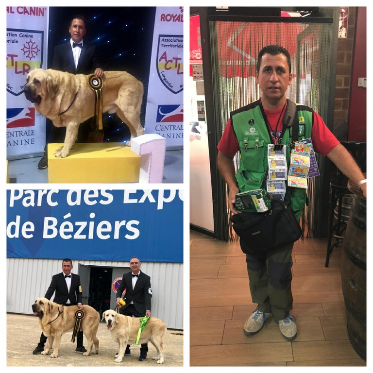 Collage: Pascual Rojas posa con su perros campeones y como vendedor de la ONCE
