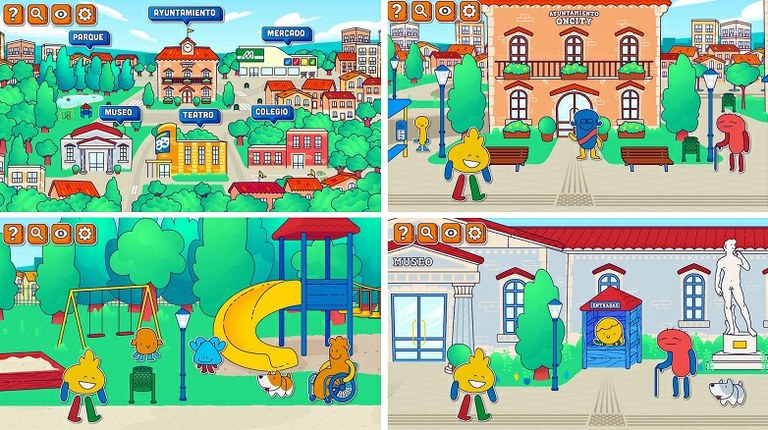 Collage con cuatro diapositivas del juego ONCITY en sus distintas pantallas