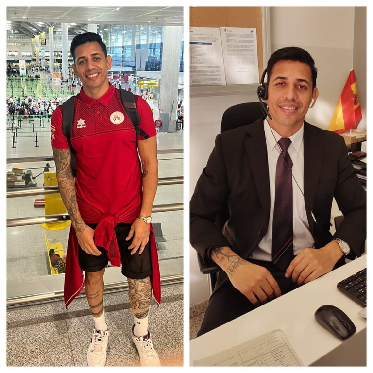 Carlos Roberto Díaz en su puesto de trabajo y en el aeropuerto como futbolista de la selección española de fútbol amputados