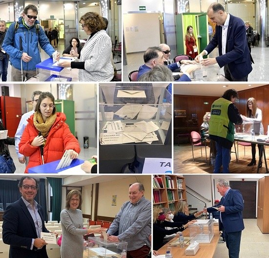 Collage de imágenes de votaciones en Madrid, Barcelona, LLeida, Badajoz, Valladolid  y Jaén