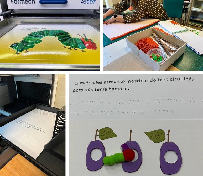Distintas imágenes del proceso de producción del libro, en tinta, braille y texturas