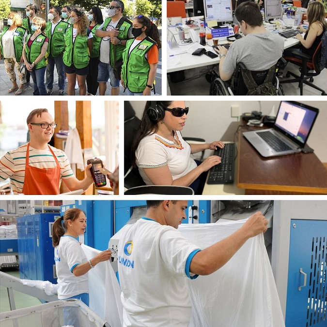Collage de imágenes aluisvas al empleo de personas con discapacidad: arriba, vendedores de la ONCE, trabajadores de la agencia Servimedia, empleado con discapacidad intelectual en una tienda, mujer ciega frente a un ordenador adaptado, y abajo trabajadores de una planta de lavandería de Ilunion