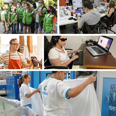 Collage de imágenes aluisvas al empleo de personas con discapacidad: arriba, vendedores de la ONCE, trabajadores de la agencia Servimedia, empleado con discapacidad intelectual en una tienda, mujer ciega frente a un ordenador adaptado, y abajo trabajadores de una planta de lavandería de Ilunion Collage de imágenes aluisvas al empleo de personas con discapacidad: arriba, vendedores de la ONCE, trabajadores de la agencia Servimedia, empleado con discapacidad intelectual en una tienda, mujer ciega frente a un ordenador adaptado, y abajo trabajadores de una planta de lavandería de Ilunion