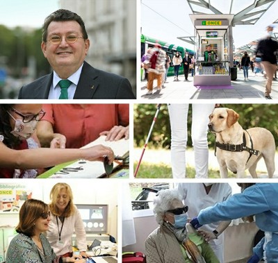 Collage de imágenes: Arriba, Ángel Sanchez, junto a un nuevo kiosco de la ONCE. Debajo diversas imágenes relacionadas con los servicios sociales para afiliados y afiliadas