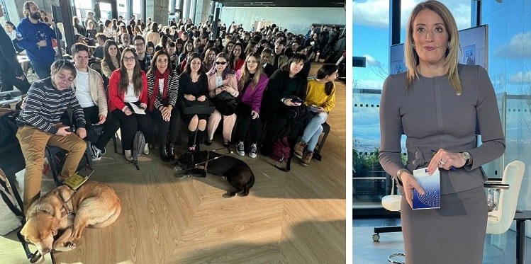 Metsola, a la derecha, y el grupo de jóvenes afiliados acompañados por la directora de la OTAE, Cristina Barreto