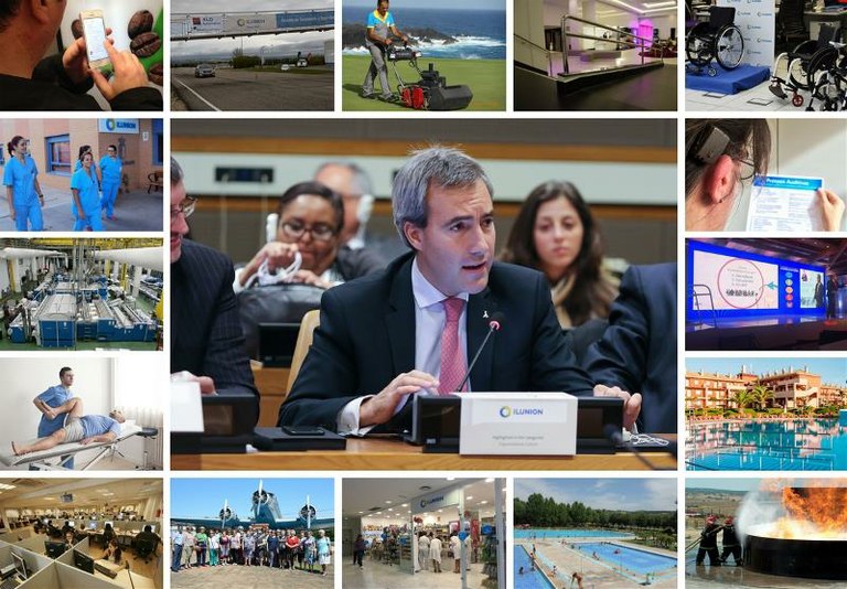 Collage de imágenes con Alejadro Oñoro en el centro, y  diversas imágenes de las distintas empresas de Ilunión, premiado por la ONU en 2016