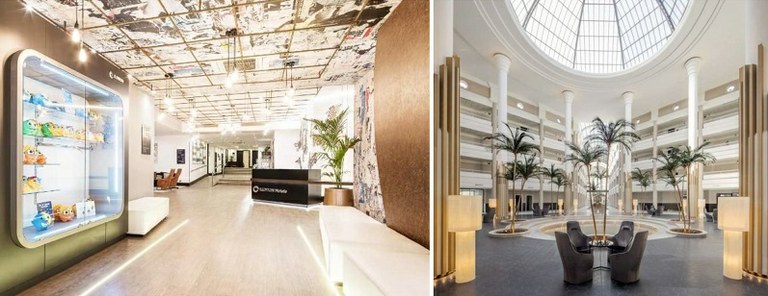 Interior de los hoteles de Ilunion en Bilbao, a la izquierda, y el Alcora, en Sevilla, a la derecha