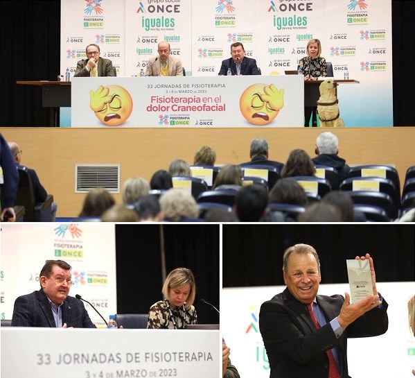 Collage de imágenes del acto inaugurale las Jornadas y  Mariano Rocabado mostrando su placa de homenaje
